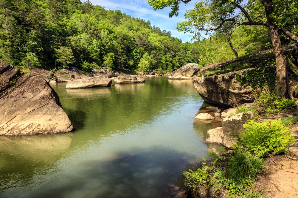 A river surrounded by rocks and trees.